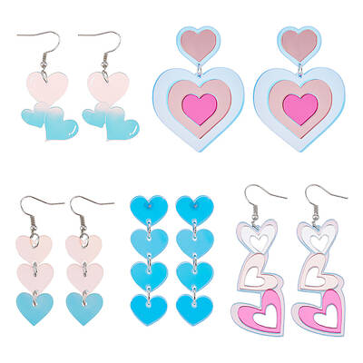 3 pairs 3 style Acrylic Heart Dangle Stud Earrings with Steel Iron Pins for Women