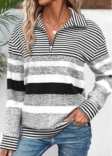 Modlily Black Zipper Striped Long Sleeve Turn Down Collar Sweatshirt - XXL