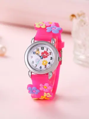 Cute Cartoon Flower Pattern Round Dial Quartz Watch without Box, Fashionable Flower Silicone Strap Wristwatch for Kids, Perfe...