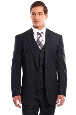 Men's Navy Blue Pinstripe Business Suit - Two Button Vested Style