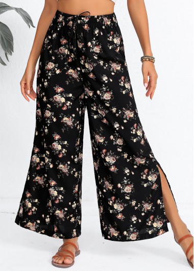 Modlily Black Split Ditsy Floral Print Flare Leg Pants - XL