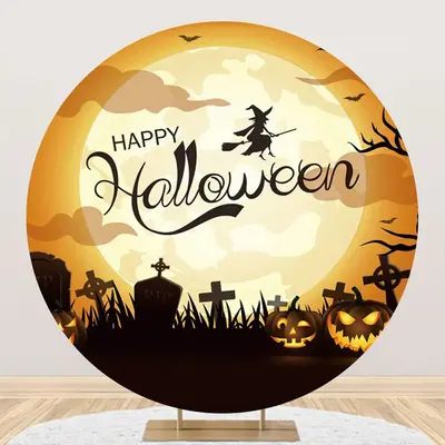 Witch Moon Night Cemetery Round Halloween Backdrop