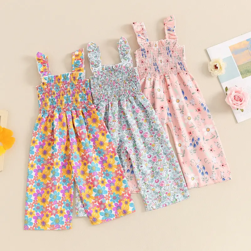 Toddler Girl Wide Leg Romper Baby Floral  Newborn Pants Jumpsuit Flare Pants Overalls Summer Playsuit Pants