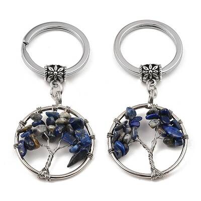 Natural Lapis Lazuli Flat Round with Tree of Life Pendant Keychain