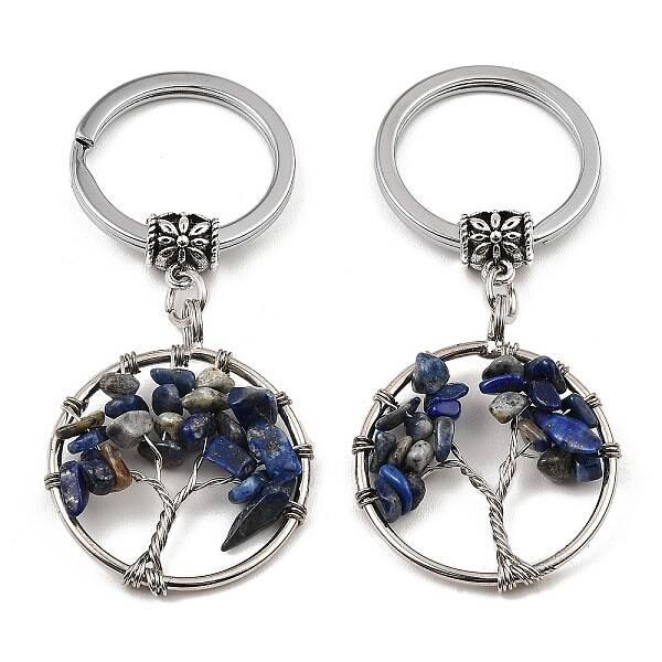 Natural Lapis Lazuli Flat Round with Tree of Life Pendant Keychain