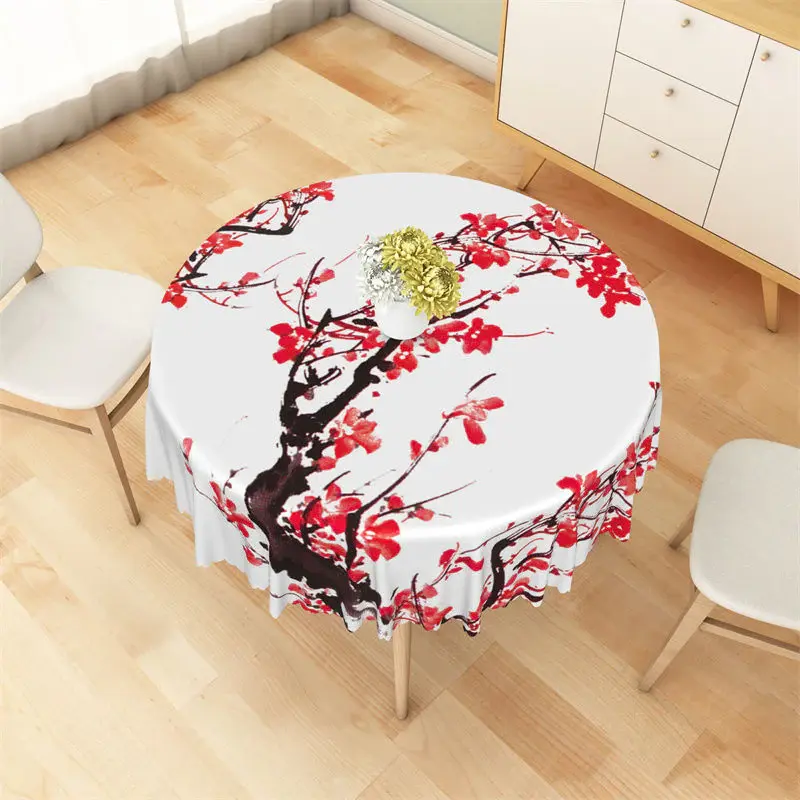 Red Plum Tree Print Ink Painting Round Tablecloth - Aperturee