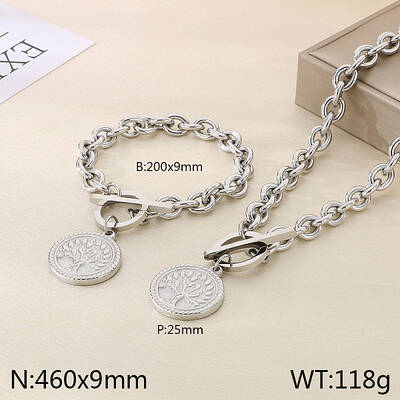 Flat Round with Tree of Life 304 Stainless Steel Pendant Necklaces & Charm Bracelets Sets