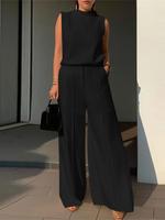 Women's Solid Color Top & Wide Leg Pants Set, Casual Sleeveless Top & Pants for Daily Wear, Ladies Clothes for All Seasons, W...