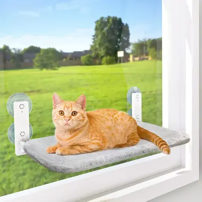 Anchor&Screw Cordless Cat Window perch with 4 Suction Cups, Solid Metal Frame, Reversible Cover, Foldable Cat Beds for Indoor...