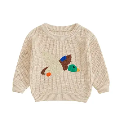 Toddler Baby Girl Boy Knit Sweater Duck Embroidery Western Country Sweatshirt Oversized Tops Fall Winter Clothes