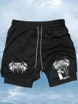 Sporty Men's Cartoon Graphic 2-IN-1 Sports Shorts, Gym Shorts, Sports Drawstring Pocket Shorts, Sport & Outdoor Clothing for...