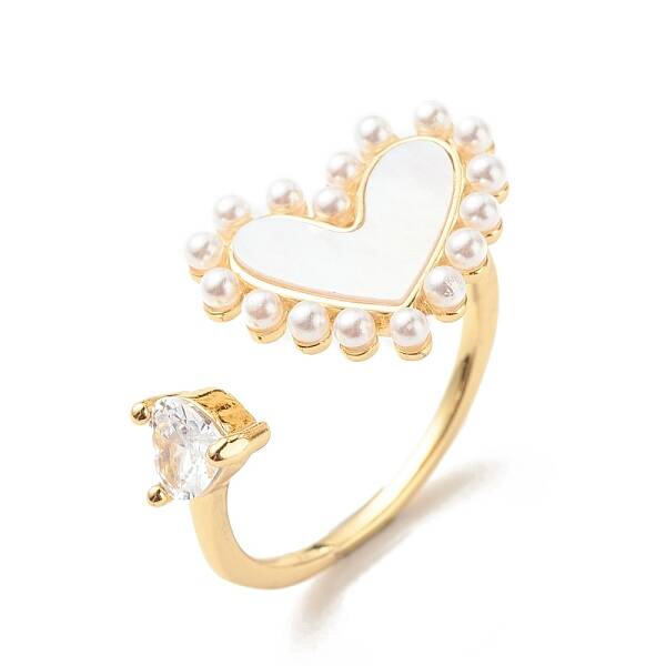 Clear Cubic Zirconia Heart Open Cuff Ring with Shell