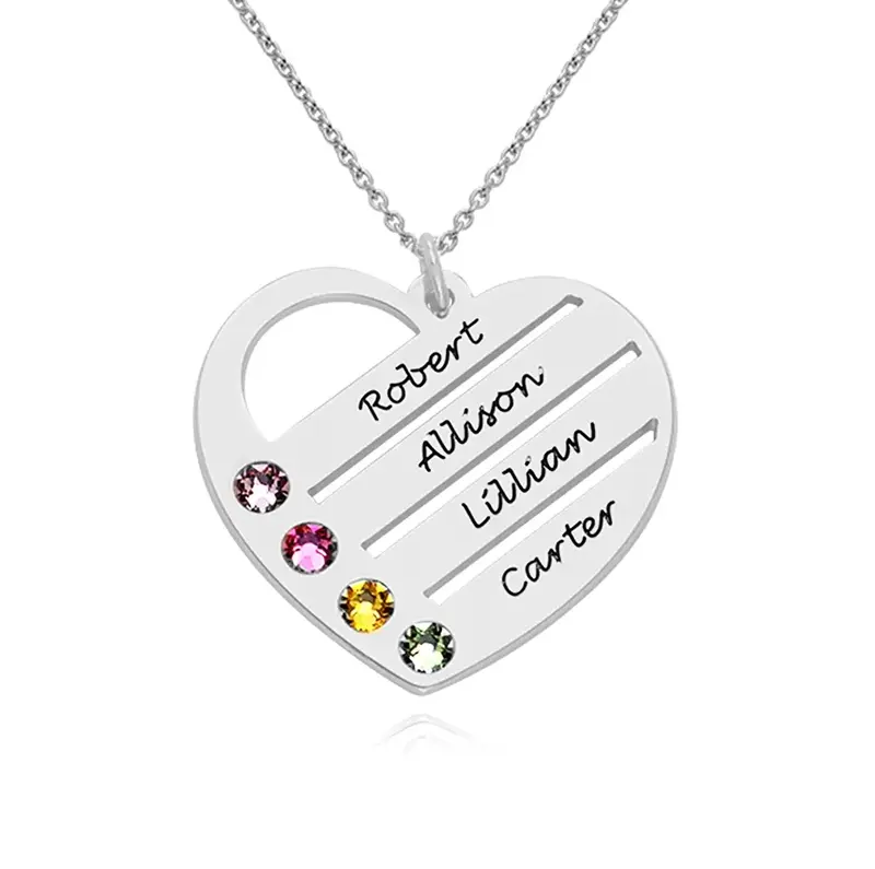 Sterling Silver Birthstone Heart Necklace with Engraved Names