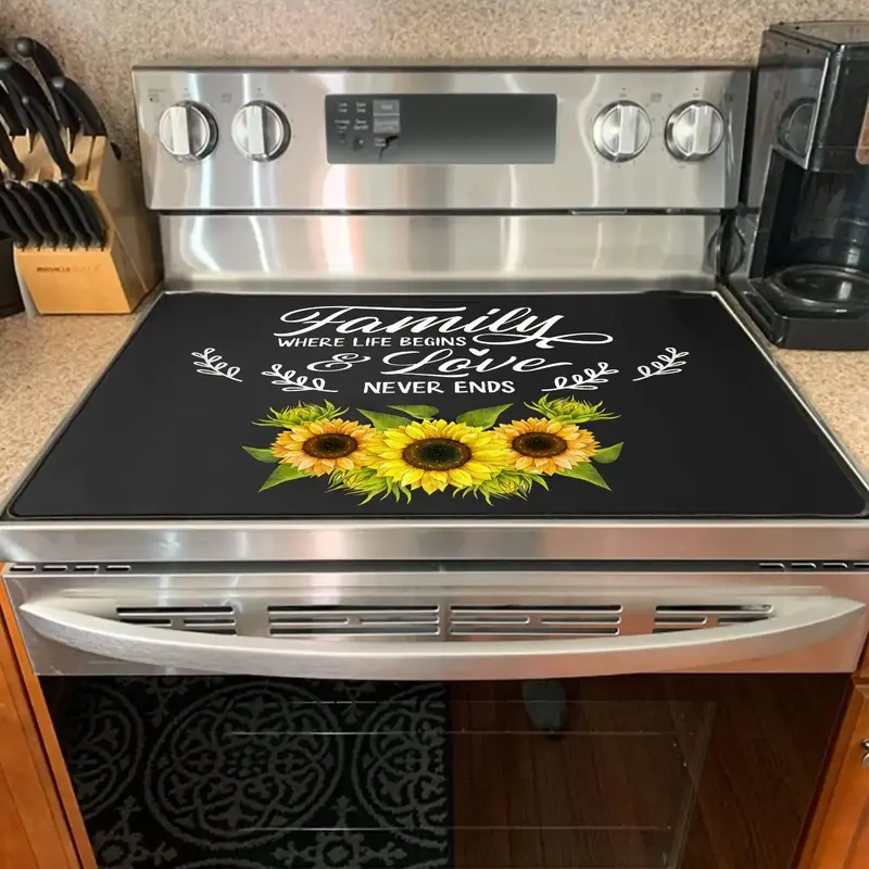 Sunflower & Letter Pattern Stove Top Cover, 1 Count Heat Resistant Stainless Placemat, Decorative Table Mat for Home Kitchen ...