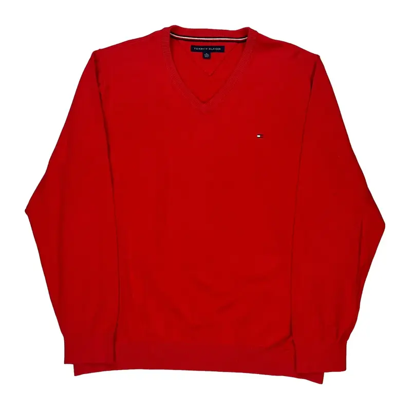 Tommy Hilfiger V-Neck Jumper - XL Red Cotton
