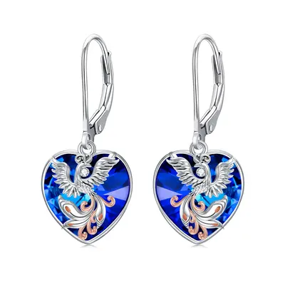 Sterling Silver Two-Tone Heart Crystal Phoenix Lever-Back Earrings For Women