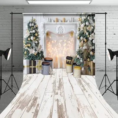 Aperturee Festive Christmas Scenery Decorated Fireplace Backdrop