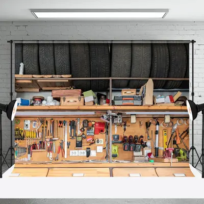 Aperturee Tire Wooden Auto Repair Tools Shelf Photo Backdrop