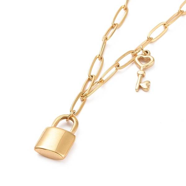 304 Stainless Steel Padlock and Skeleton Key Pendant Necklace for Women