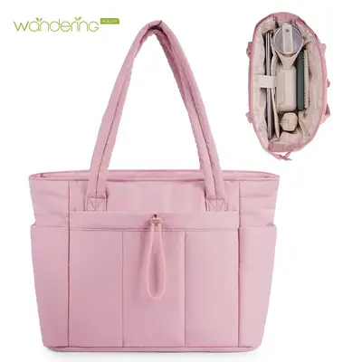 Wandering Nature Puffer Tote Bag for Women – Quilted Laptop Work Tote with 40oz Tumbler Pocket, Lightweight 20L Travel Shou...