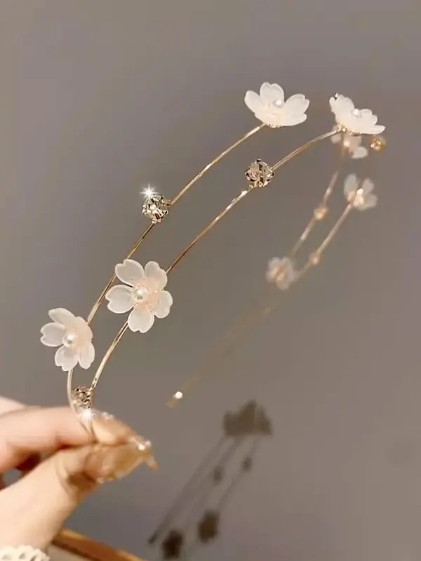 Flower & Rhinestone Decorated Tiara Headband, Elegant Faux Pearl Decor Hair Hoop for Wedding Bridal Party Formal Occasions, E...