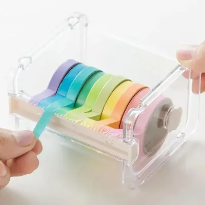 Random Color Washi Tape Cutter, 1 Count Multifunctional Clear Tape Holder Cutter Box, Stationery Accessories For School Offic...