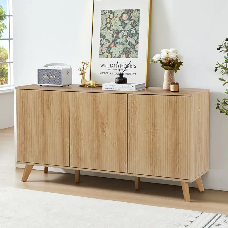 Giratree Fluted Sideboard Buffet Cabinet with Storage, Modern Storage Cabinet with 3 Doors, Wood Credenza Buffet Sideboards, ...