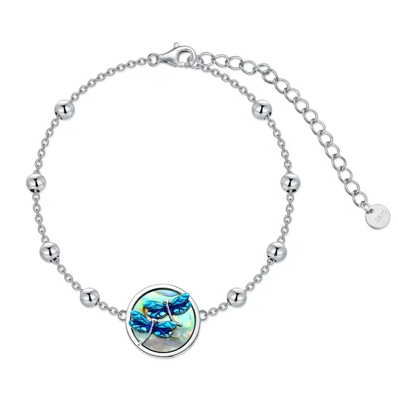 Sterling Silver Round Abalone Shellfish Dragonfly Charm Bracelet