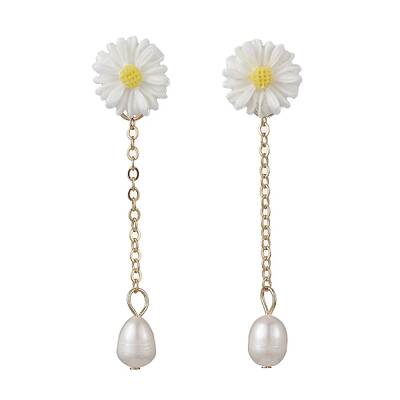 Natural Pearl & Resin Sunflower Dangle Stud Earrings