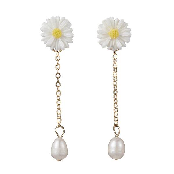 Natural Pearl & Resin Sunflower Dangle Stud Earrings