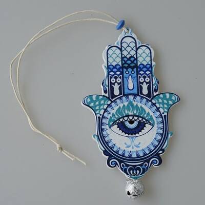Wood Hamsa Hand/Hand of Miriam with Evil Eye Hanging Ornament