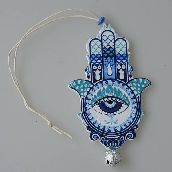 Wood Hamsa Hand/Hand of Miriam with Evil Eye Hanging Ornament