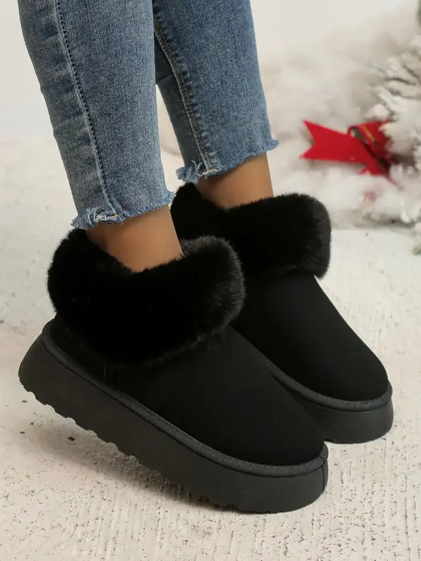 Women's Fluffy Slip on Platform Boots, Girl Fuzzy Snow Boots, Warm & Cozy Ankle Boots for Fall & Winter, Comfort Platform Wal...