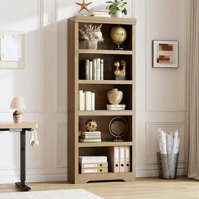 Garvee 5 Tier Bookshelf, 69 Tall Farmhouse Bookcase with Adjustable Shelves, 23.6 W Floor Standing Open Display Storage Rac...