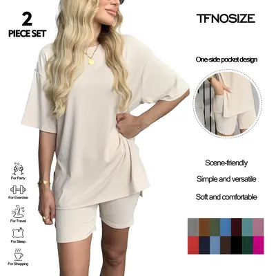 TFNOSIZE Women's Casual Wear, Summer, 2-Piece Suit, Pajamas, Casual Loose, Short-Sleeved Shorts, Airport Travel Wear, Hem Sli...