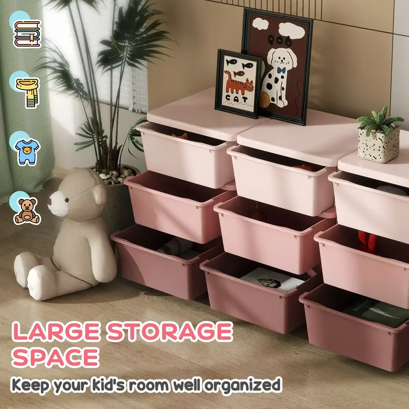 Qaba 3 Tier Kids Storage Unit with 3-9 Drawers Chest Toy Organizer Plastic Bins for Kids Bedroom Nursery Living Room for Boys...