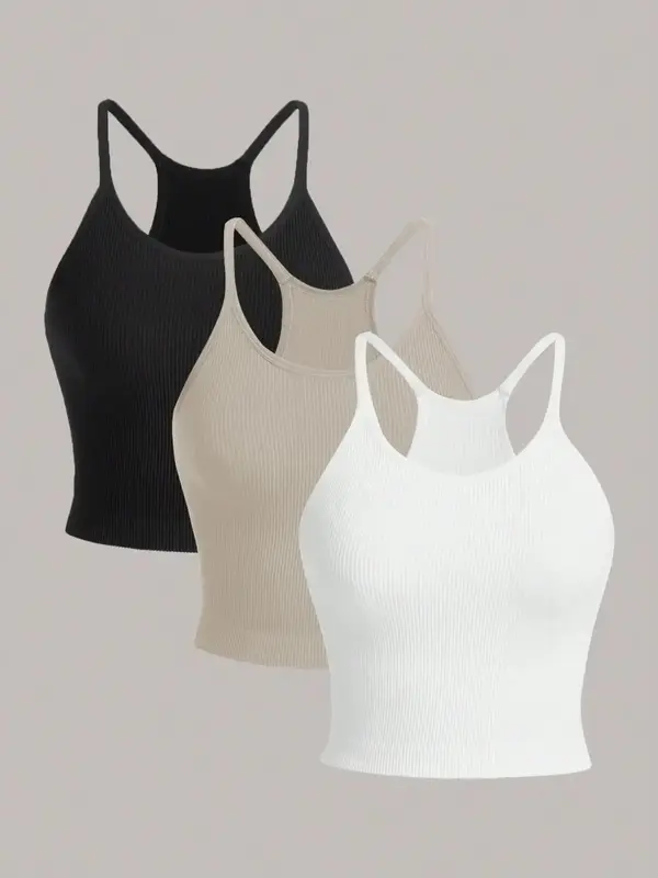 Women's Solid Spaghetti Strap Ribbed Sports Vest, Back To School Outfits, Casual Sporty Comfy Breathable Sleeveless Crop Spor...