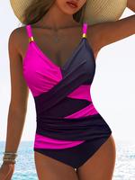Women's Colorblock Cross Over V Neck One-piece Swimsuit, Casual Sleeveless Swimwear for Beach Holiday Vacation, Ladies Swimsu...
