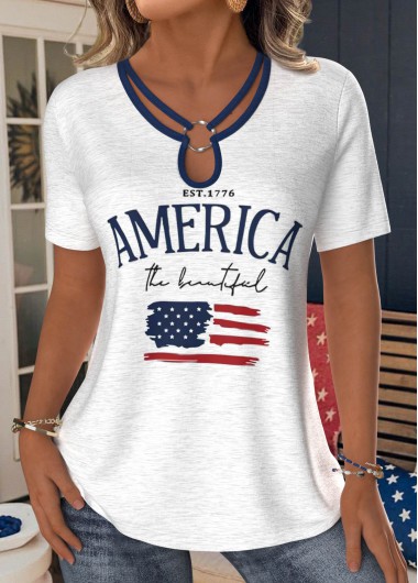 Modlily American Flag White Short Sleeve T Shirt - L