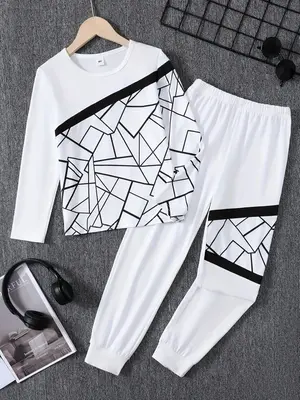 Boys' Two-Piece Geometric Print Outfit, Crew Neck Long Sleeve Top + Elastic Waist Sweatpants, Spring & Fall Casual Wear