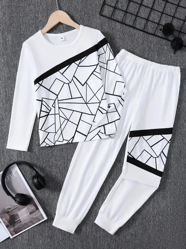 Boys' Two-Piece Geometric Print Outfit, Crew Neck Long Sleeve Top + Elastic Waist Sweatpants, Spring & Fall Casual Wear