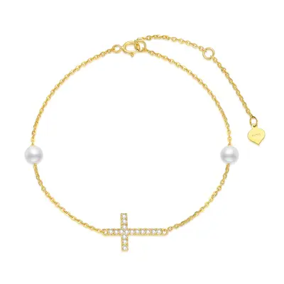 14K Gold Diamond & Pearl Cross Charm Bracelet