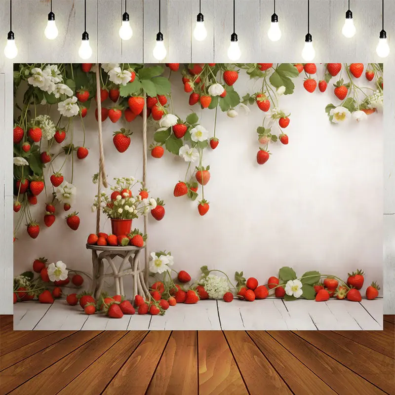 Red Strawberries Plants White Wall Birthday Backdrop - Aperturee