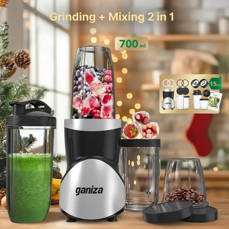 Ganiza Smoothie Blender, Blender for Shakes and Smoothies, 15-Piece Personal Blender and Grinder Combo with 2 Speed Control, ...