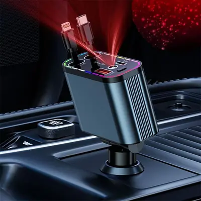 4 in 1 Retractable Car Charger Car Charger with Starlight, USB C Fast Car Chargers Adapter,  with 2 USB Ports Car Phone Charg...