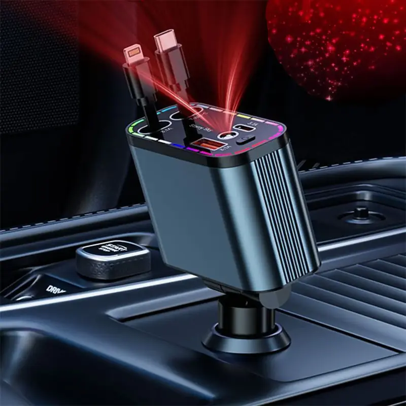 4 in 1 Retractable Car Charger Car Charger with Starlight, USB C Fast Car Chargers Adapter,  with 2 USB Ports Car Phone Charg...