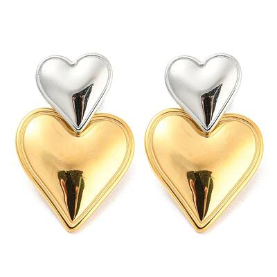 304 Stainless Steel Double Heart Dangle Stud Earrings for Women
