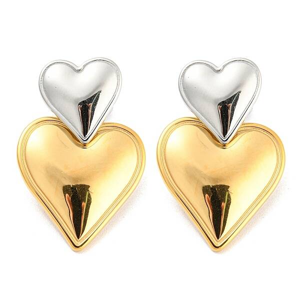 304 Stainless Steel Double Heart Dangle Stud Earrings for Women