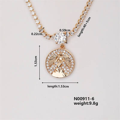 Fashion Brass Rhinestones Flat Round Pendant Necklace for Women