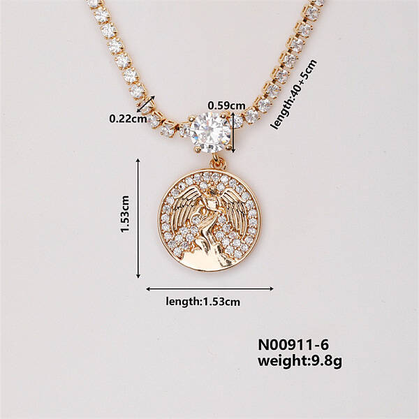 Fashion Brass Rhinestones Flat Round Pendant Necklace for Women